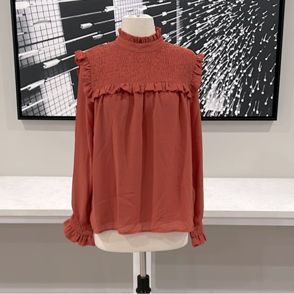 BRAND NEW! Copper/Pumpkin Pleated & Smocked Mock Neck Top w/Smocked Ruffled Cuff